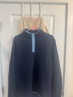 J Crew Navy Pullover with Light Blue accents and snap closure